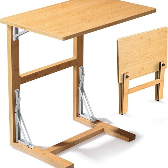 NEW  24'' Folding TV Tray Table, Bamboo C Shaped End Table Slide Under Couch - Picture 1 of 8